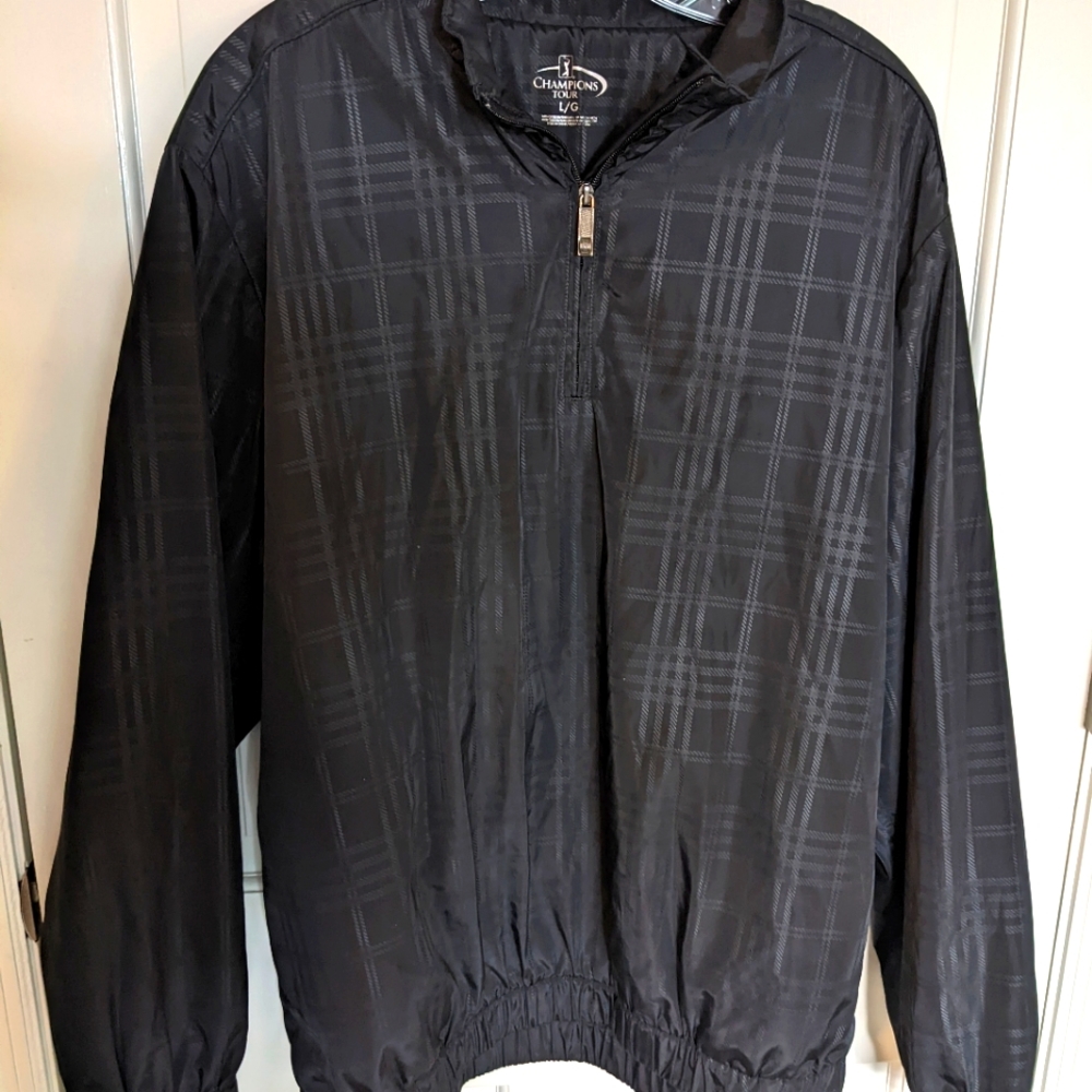 PGA CHAMPIONS TOUR, BLACK ON BLACK WINDBREAKER, 1/4 ZIP, EUC